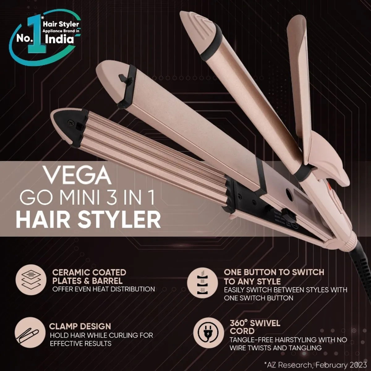 VEGA Mini 3 in 1 Hair Styler- Mini Hair Straightener, Crimper & Curler for Women, (VHSCC-07) (377 g) image 7