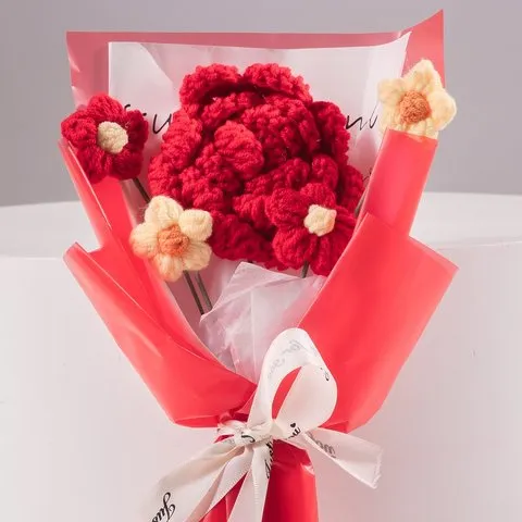Rooted Red Rose with Daisies Crochet Flower Bouquet image 3