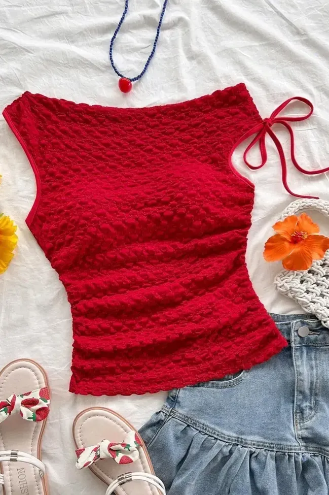 Red Textured One-Shoulder Top