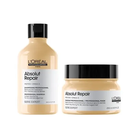 L'Oréal Professionnel Absolut Repair Shampoo & Mask for Dry & Damaged Hair - 300ml+250ml | Professional Routine for Strenghthening & Repairing Hair, Protein & Omega-9, For Men & Women