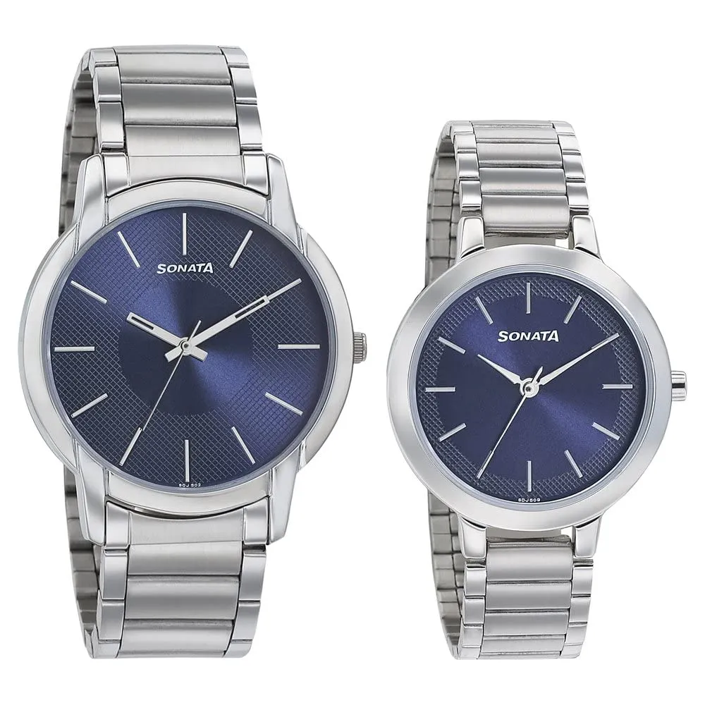 Sonata Bandhan Quartz Analog Blue Dial Silver Metal Strap Watch for Couple