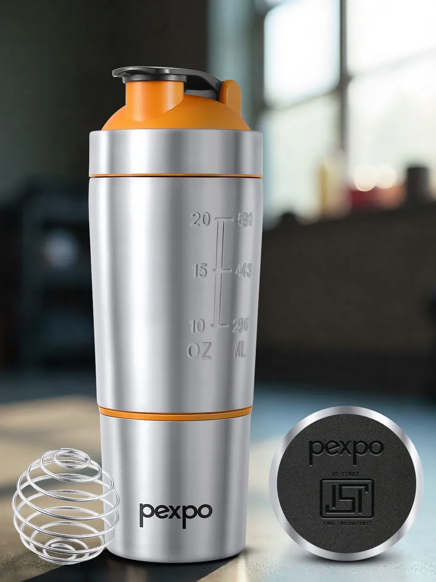 Pexpo Kinetic Stainless Steel Gym Shaker With Extra Compartment Silver Orange 850ml