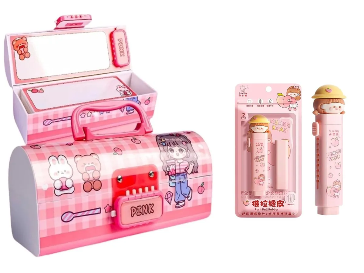 Kawaii Stationery Combo Set for Girls | Kawaii Pencil Case Pouch with Zipper & Push Pull Eraser with Refills Back to School Supplies Gift for Kids (Pink Beauty Pencil Box Combo)