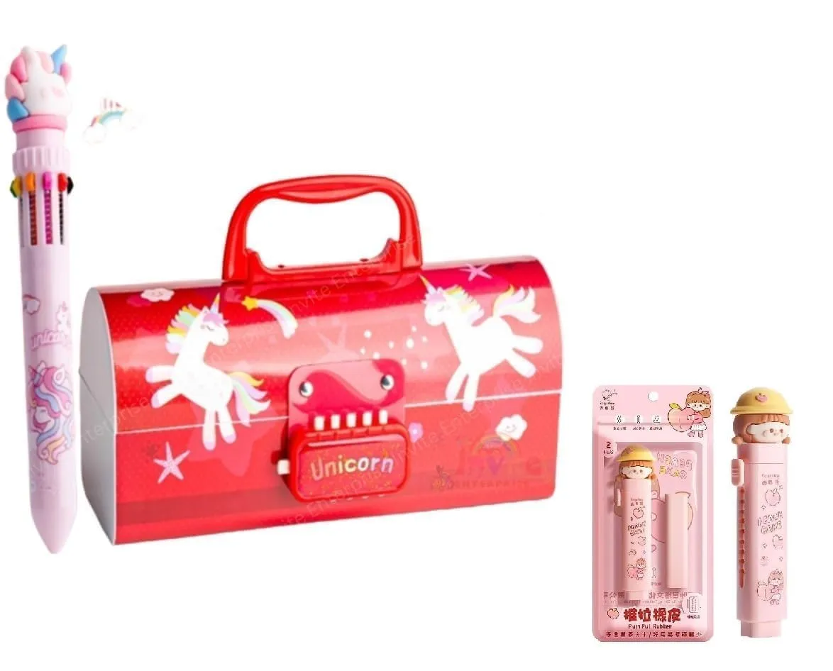 Kawaii Stationery Combo Set for Girls | Kawaii Pencil Case Pouch with Zipper & Push Pull Eraser with Refills Back to School Supplies Gift for Kids (Red Unicorn Pencil Box Combo)