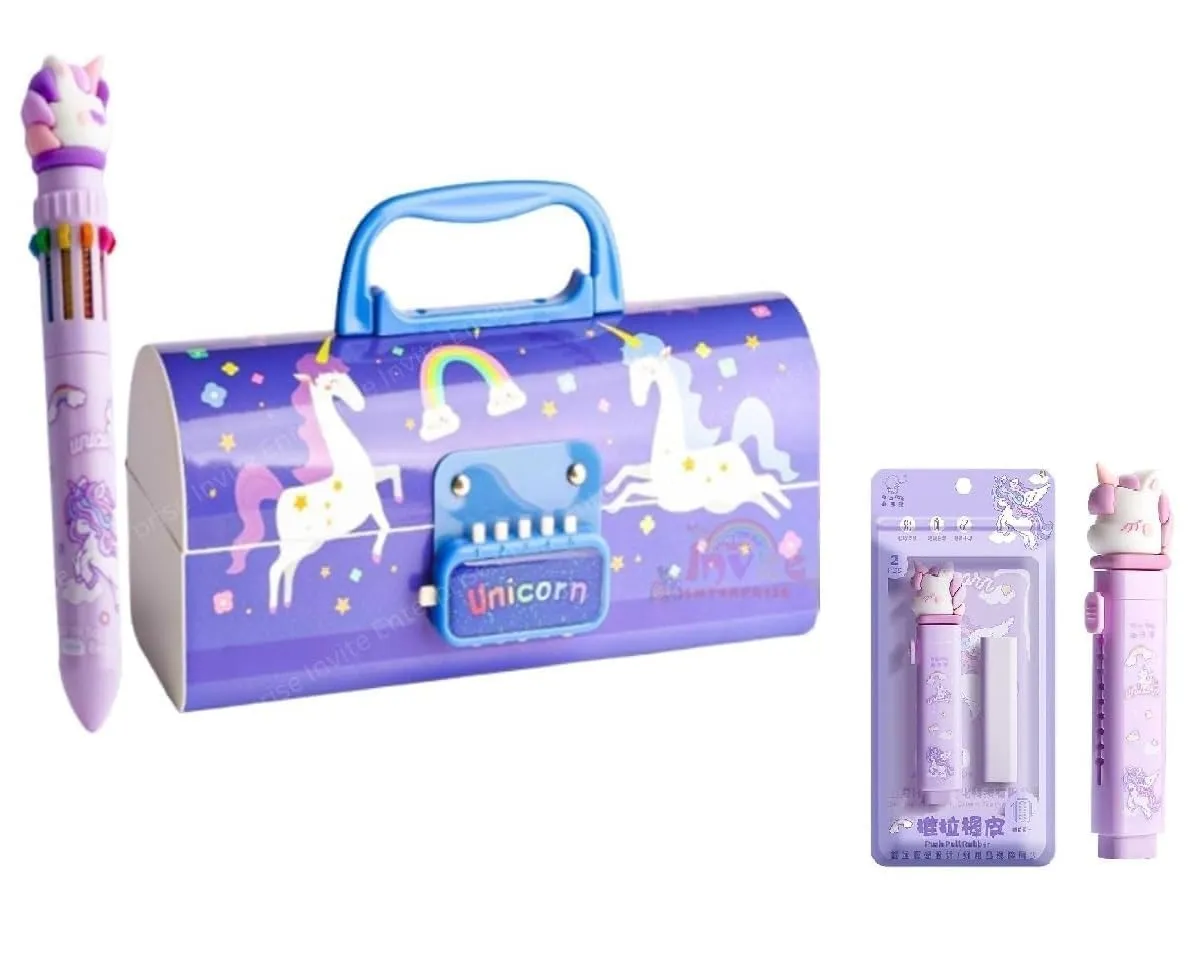 Kawaii Stationery Combo Set for Girls | Kawaii Pencil Case Pouch with Zipper & Push Pull Eraser with Refills Back to School Supplies Gift for Kids (Blue Unicorn Pencil Box Combo)