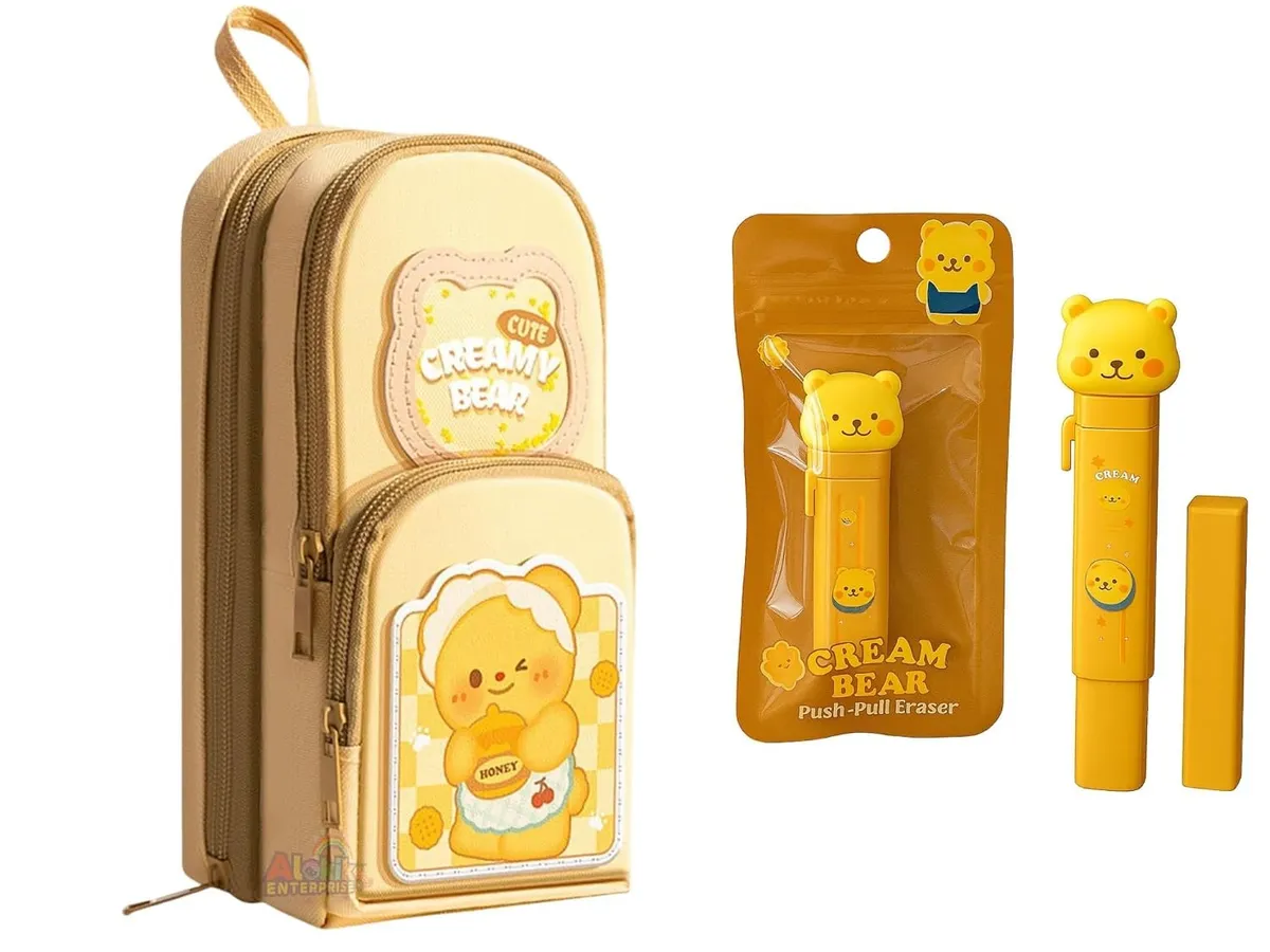 Kawaii Stationery Combo Set for Girls | Kawaii Pencil Case Pouch with Zipper & Push Pull Eraser with Refills Back to School Supplies Gift for Kids (Creamy Bear Pouch + Eraser)
