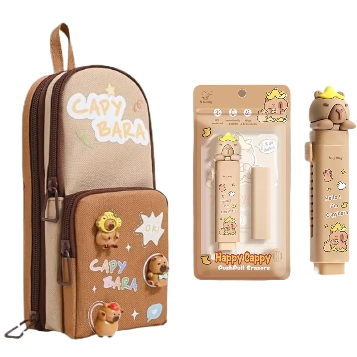 Kawaii Stationery Combo Set for Girls | Kawaii Pencil Case Pouch with Zipper & Push Pull Eraser with Refills Back to School Supplies Gift for Kids (Capybara Pencil Pouch Combo)