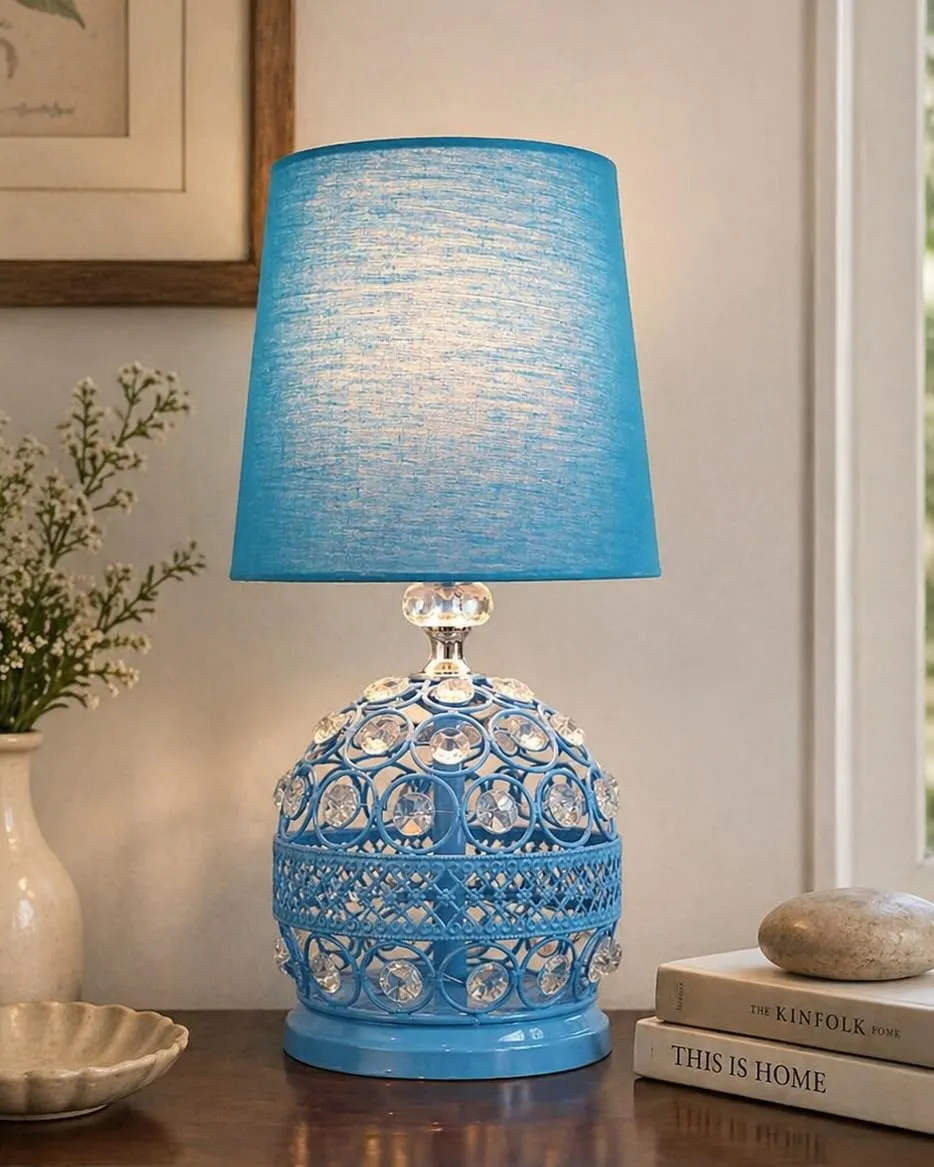 Homesake® Modern Small Crystal Table Lamp, Contemporary Bedroom Bedside Nightstand Lamp, Morden Minimalist, Desk Globe Lamp for Living Room Girls Kids Room, Fabric Shade, (Turquoise)