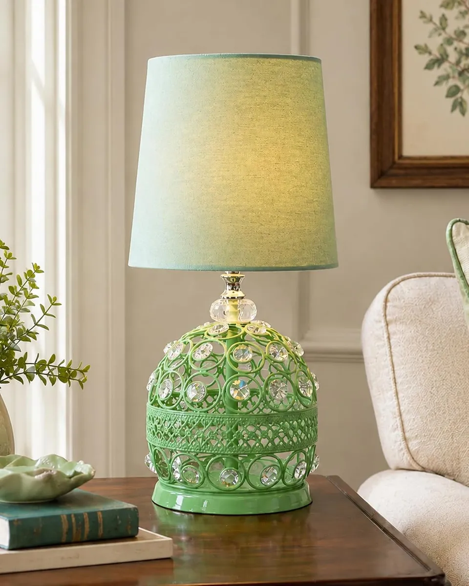Homesake® Modern Small Crystal Table Lamp, Contemporary Bedroom Bedside Nightstand Lamp, Morden Minimalist, Desk Globe Lamp for Living Room Girls Kids Room, Fabric Shade (Green)