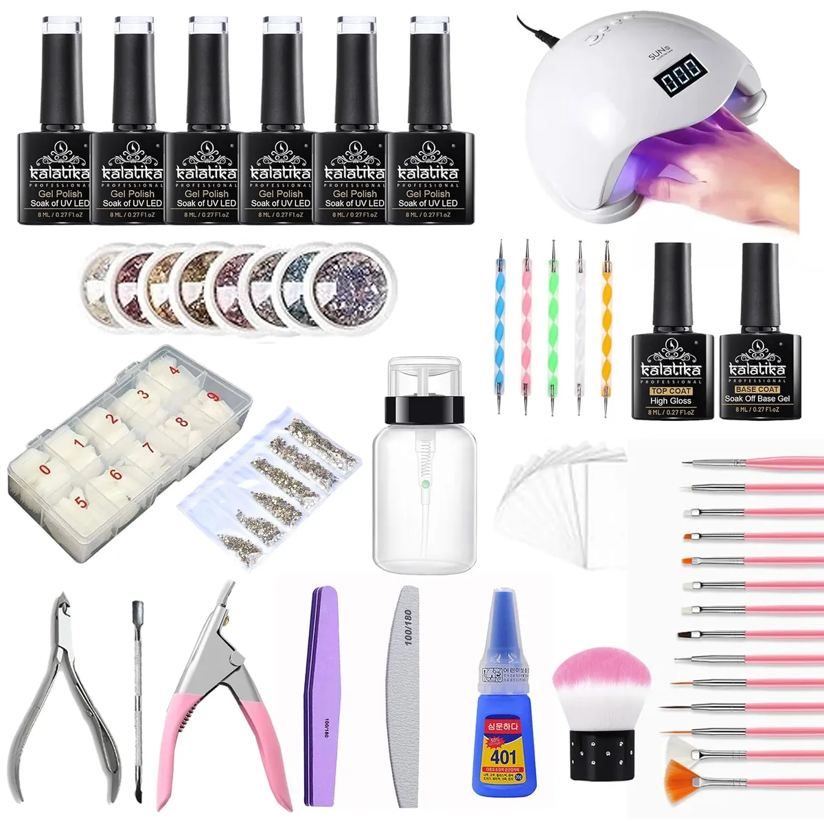 Professional Nail Extension Kit – 6 Shades Gel Polish (8ml) Nail Art Kit for Women with Tools, Mylar & Crystal Stones ( KIT-PINK-SHADE)