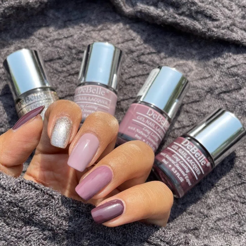 DeBelle Gel Nail Polish Combo of 4 Berry Pastels - Sparkling Dust (Glitter), Vintage Frost (Pastel Purple), Plum Toffee (Plum Maroon), Majestique Mauve (Mauve) 32ml (8ml Each)