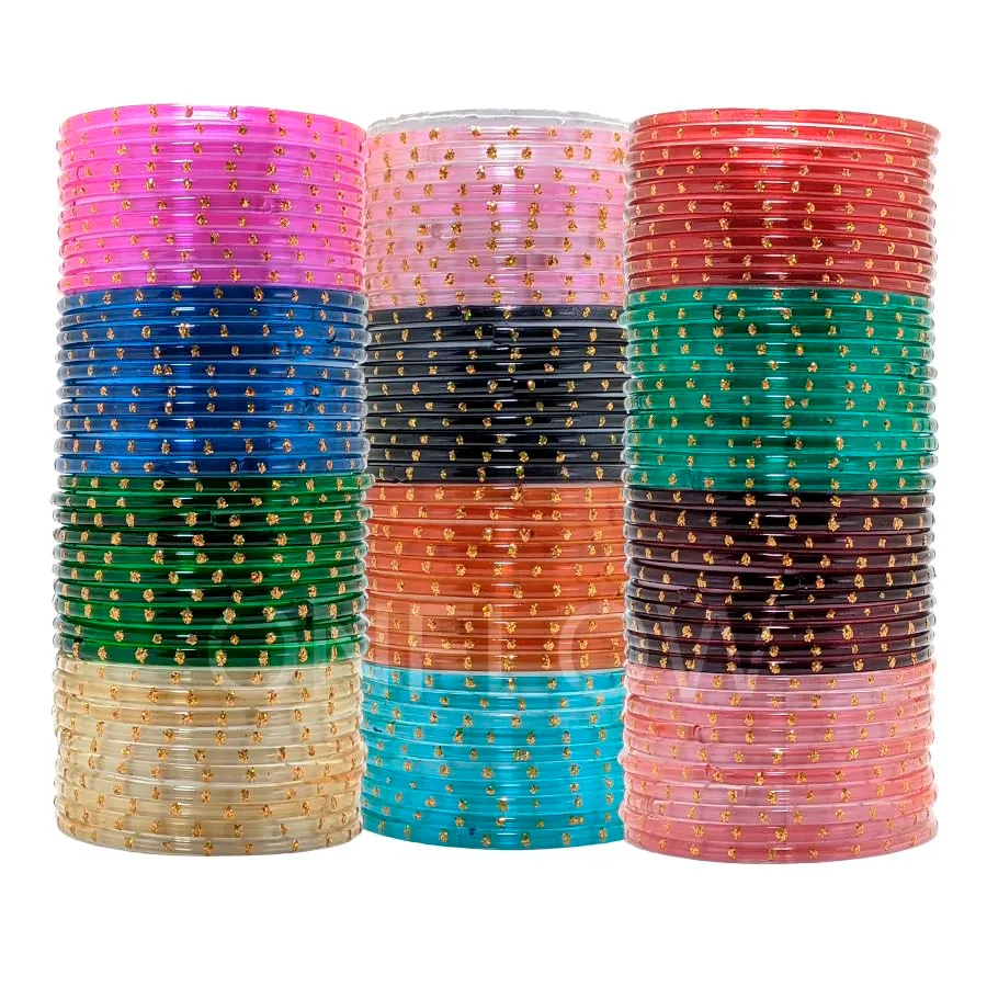 ONFLOW 12-Color Indian Glass Bangles Set for Women - Traditional Ethnic Bangles with Golden bindi Design - Stylish and Festive Accessories