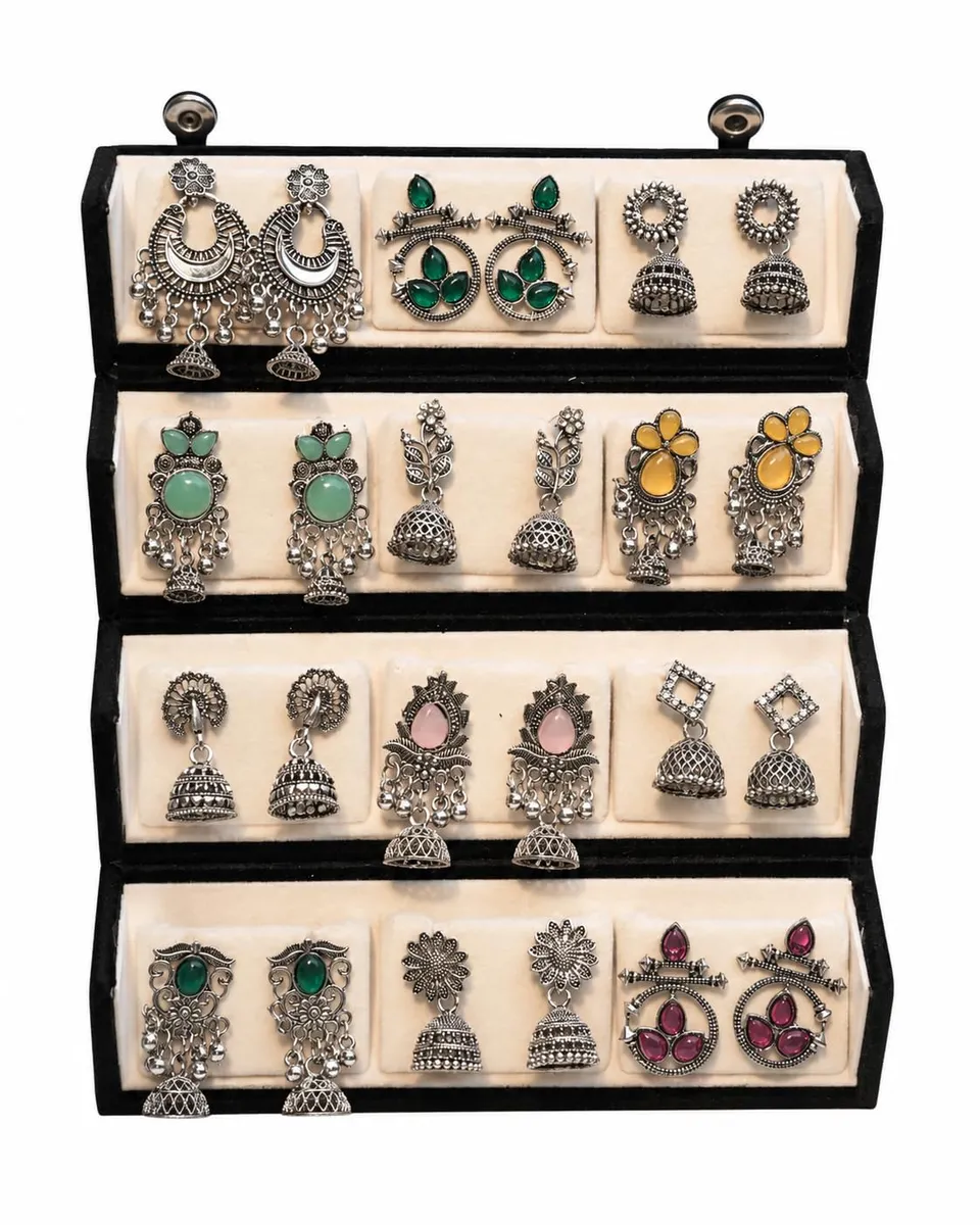 Oxidised Silver Plated Earrings Combo Set With Box for Women & Girls | 12 Pair Traditional Jhumka Chandbali Stone Studded Boho Ethnic Earrings Collection | Daily Wear Party Wedding Jewellery