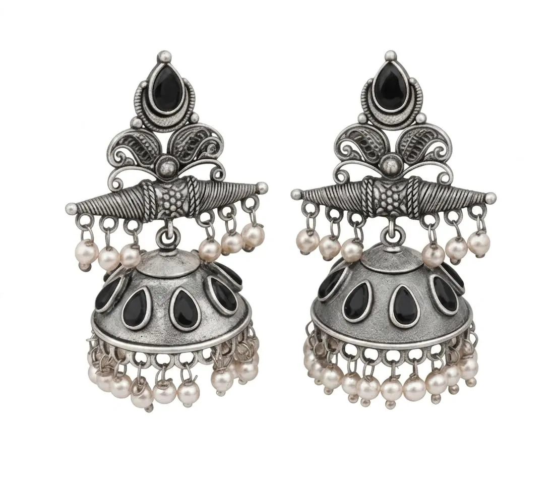 Traditional Oxidised Silver Plated Jhumka Earrings for Women & Girls with Black Stone and Pearl Drops | Ethnic Chandbali Jhumki Earrings | Wedding, Festive Jewellery