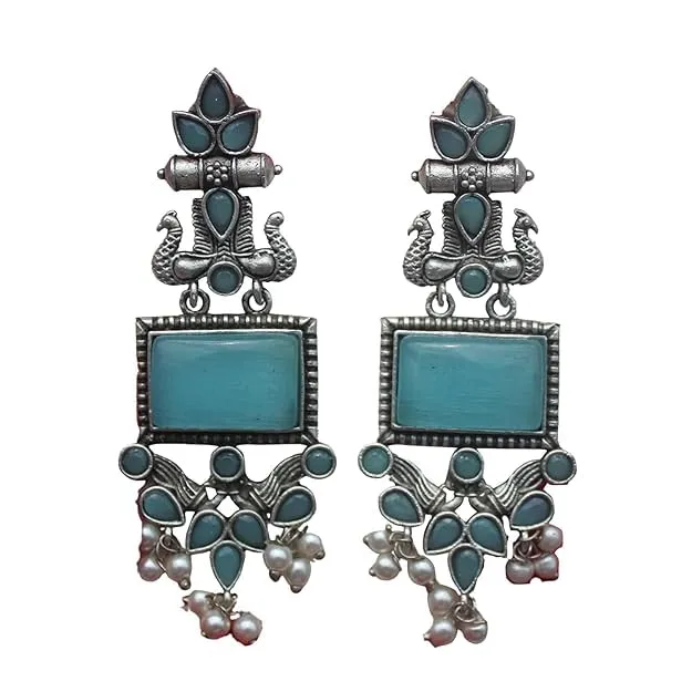 Oxidised Aluminium Yellow Stone Ethnic Earrings for Women & Girls | Traditional Peacock Design Dangle Jhumka with Pearl Beads